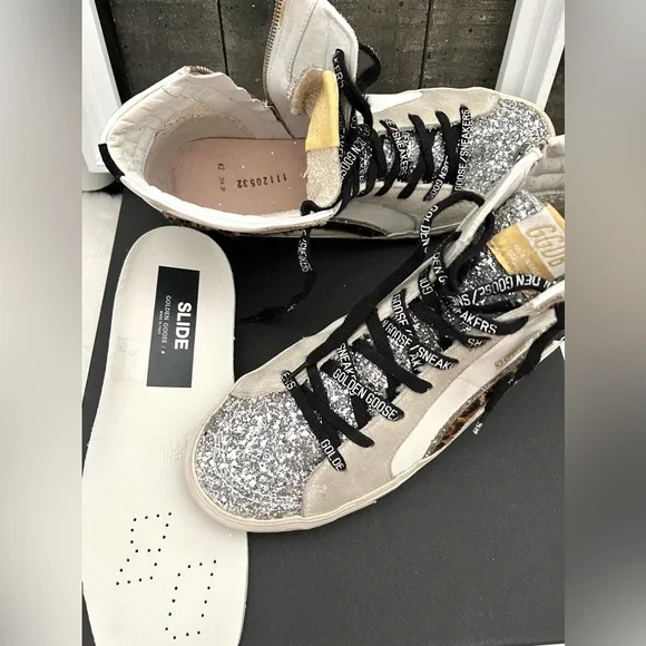 GOLDEN GOOSE Slide Leather Leopard Glitter Toes Mid/High Top Zipper Sz 42 US 12
